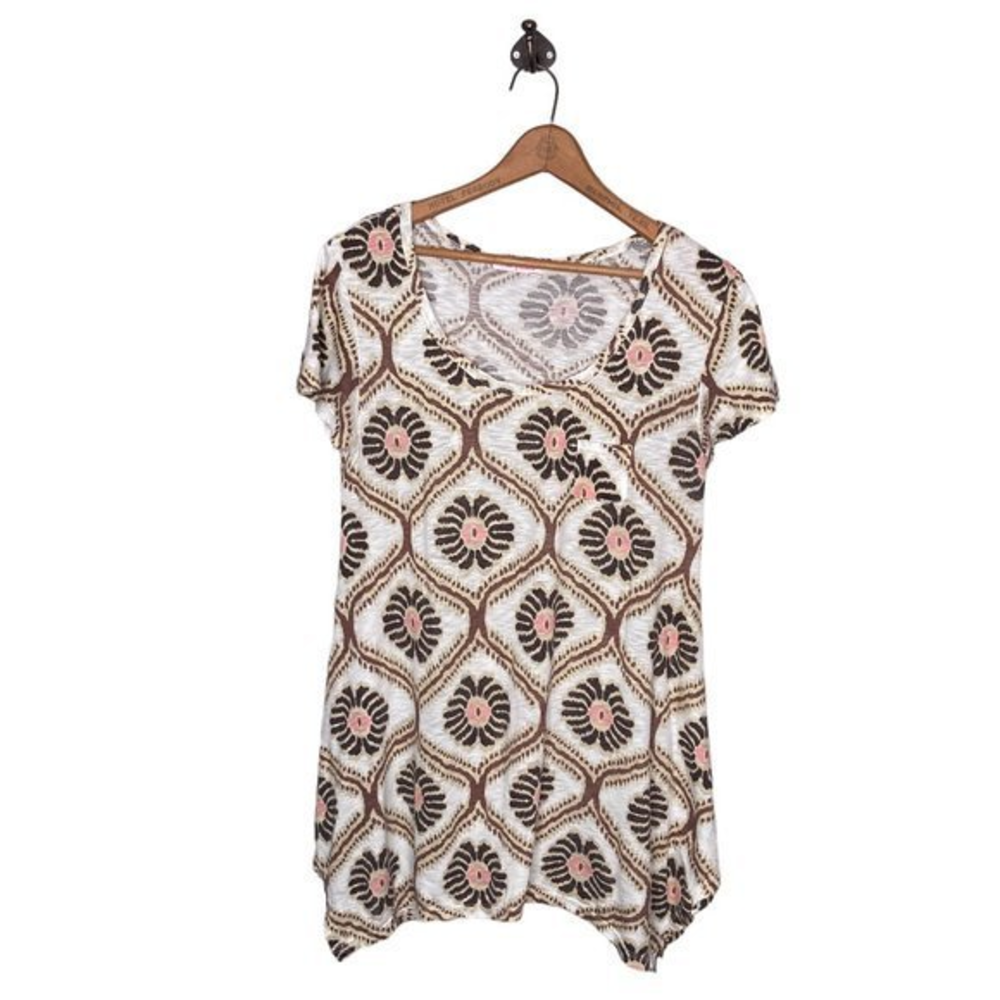 Fresh Produce Small S White Brown Ikat Cotton‎ Slub Asymmetrical Hem Tunic Top